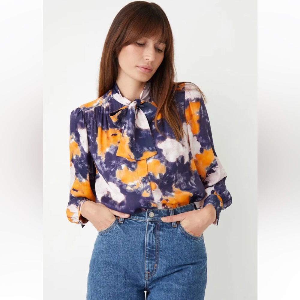 & Other Stories Purple Orange Abstract Tie-Neck Blouse